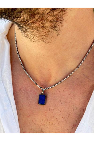 Fjellor Finrod Men's Minimal Rectangle Lapis Lazuli Natural Stone Pointed Steel Necklace