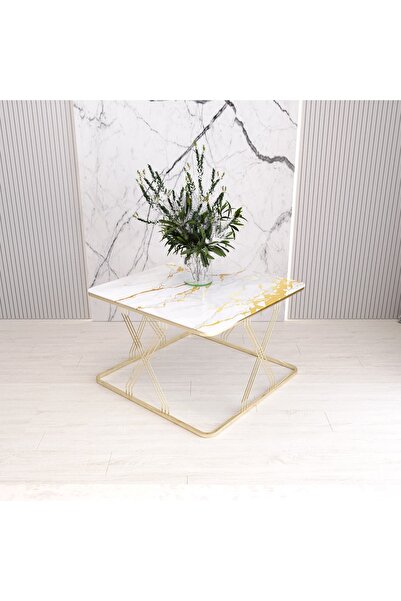 EYKAN CONCEPT ORTA SEHPA SARI MERMER KIRILMAZ TEMPERLİ CAM GOLD METAL AYAK ORTA SEHPA