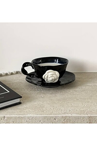 INTEREV 1 Adet Fransız Retro Seramik Çay/Kahve Fincanı ve Tabak seti - Siyah