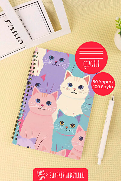 Anime Marketi A5 Spiral School Notebook with Colorful Cats Design 50 Sheets 100 Pages - Lined