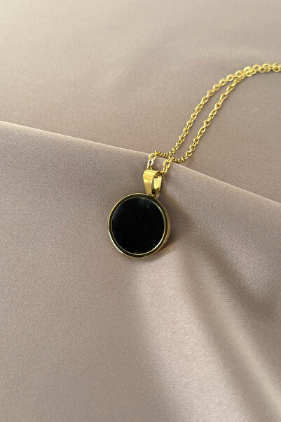 laria jewelry Yuvarlak Siyah Taşlı Madalyon Kolye