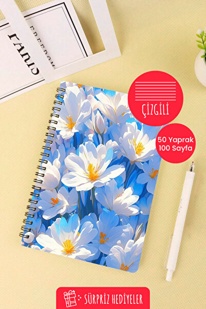 Anime Marketi White Flowers Design A5 Spiral School Notebook 50 Sheets 100 Pages - Lined