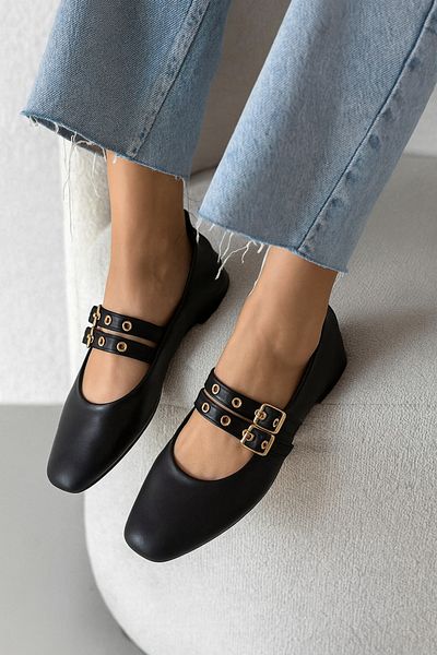 moon glow Black Studded Double Buckle Women's Ballerinas |   Daily Comfortable Flat Sole Mary Jane Shoes Fashion
