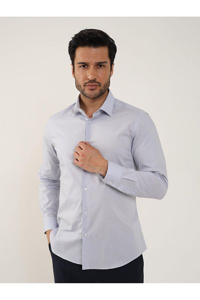 Dufy Light Gray Men's Slim Fit Plain Classic Collar Long Sleeve Shirt - 88364