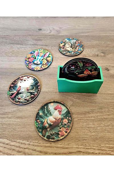 panda hediyelik Nature Inspired Hand Painted Wooden Coasters Set of 6 + Wooden Box / Collection No:3