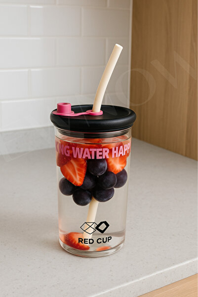 NEWNOW Renkli Kapaklı Cam Detoks Bardak Pipetli & Meyve Infuser