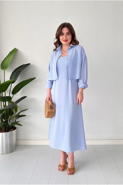 Afiş Butik Blue Strap Pleated Shirt Midi Dress