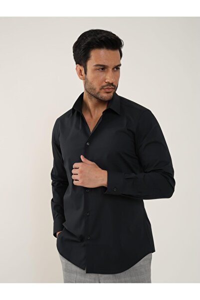 Dufy Siyah Erkek Slim Fit Düz Klasik Yaka Uzun Kol Gömlek