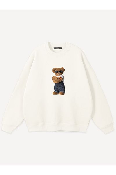 Mad&Calf Unisex Teddy Bear Printed Crew Neck Oversize Sweatshirt