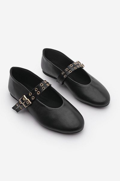 moon glow Black Studded Double Buckle Women's Ballerinas |   Daily Comfortable Flat Sole Mary Jane Shoes Fashion
