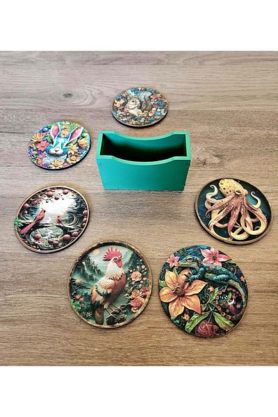 panda hediyelik Nature Inspired Hand Painted Wooden Coasters Set of 6 + Wooden Box / Collection No:3