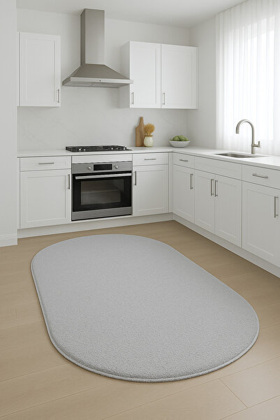 BESELY Açık Gri Oval Kesme Yumuşak Kaymaz Taban Kalın Peluş Yıkanabilir Mutfa...