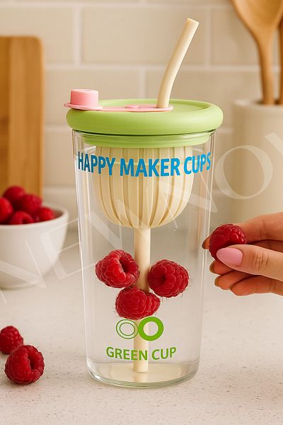 NEWNOW Colored Lid Glass Detox Cup with Straw & Fruit Infuser