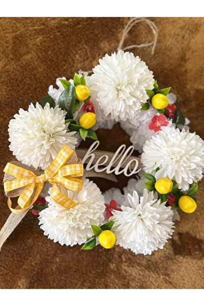 Marrone «Hello» Στολίδι για την πόρτα με γραμμένο λεμόνι και λευκά λουλούδια – Διακοσμητικό στεφάνι με κίτρινη κορδέλα