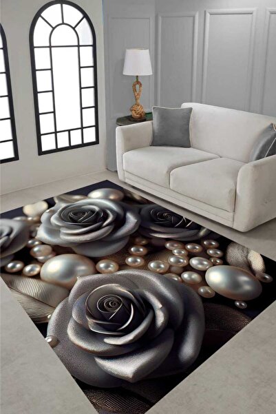Gül ve İnci Desenli Dijital Baskı Salon Halısı