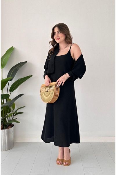 Afiş Butik Black Strap Pleated Shirt Midi Dress