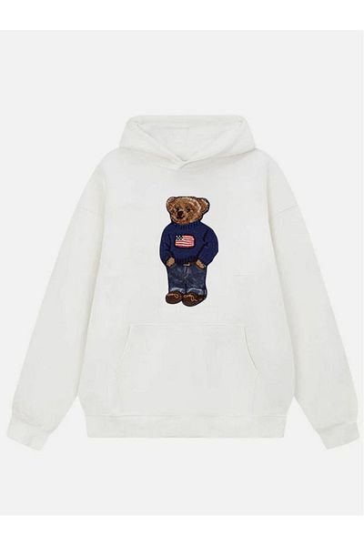 Mad&Calf Unisex Teddy Boy Printed Hooded Fleece Oversize Sweatshirt