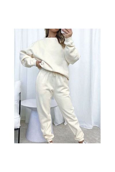 Hunors Sportswear & Company Plain Ecru Cream Colored Elastic 3 Thread Raised Thick Winter Unisex Tracksuit Set