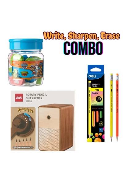 Deli Back to School Combo, Pack of Pencil, Mechanical Pencil Sharpener, 21 Erasers in a jar