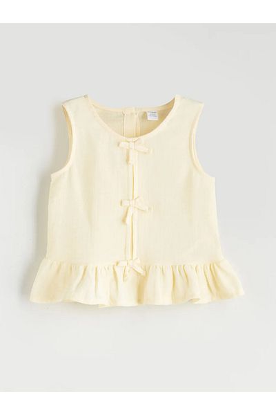 LC Waikiki Lcw Kids Beige Crew Neck Bow Detail Muslin Girl Blouse and Pants