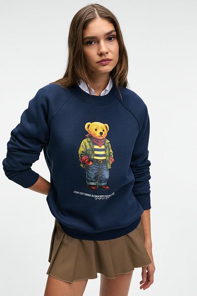 GRIMELANGE Aeloria Women's Front Printed Raglan Sleeve Oversize Navy Blue Sweatshirt