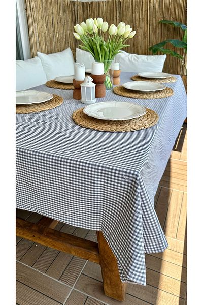 Decamor home Gingham Gray Linen Carefree Tablecloth