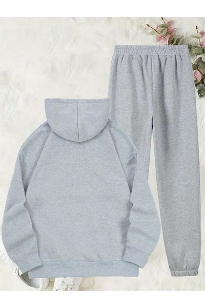 Hunors Sportswear & Company Smile Printed Hooded Bottom Top Oversize Women's Black Gray Tracksuit Set