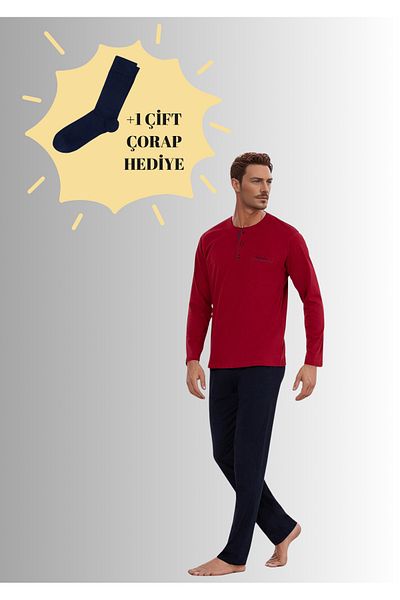 Pierre Cardin 100% Cotton Claret Red Boxed Men's Dowry Pajama Set (1 Pair of Socks with Gift) 6Pqi5Ekr6Rke5.3L