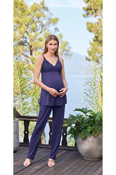NightLove Monamise Desenli Dantelli Hamile 3'lü Pijama Takımı 25054