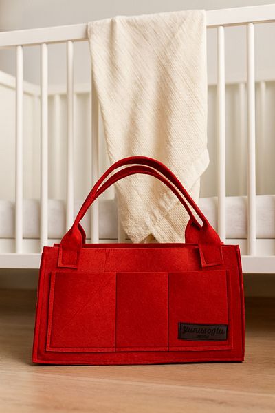 YUNUSOĞLU HOME Red Felt Mother Baby Care Bag Cream Organizer for Newborn