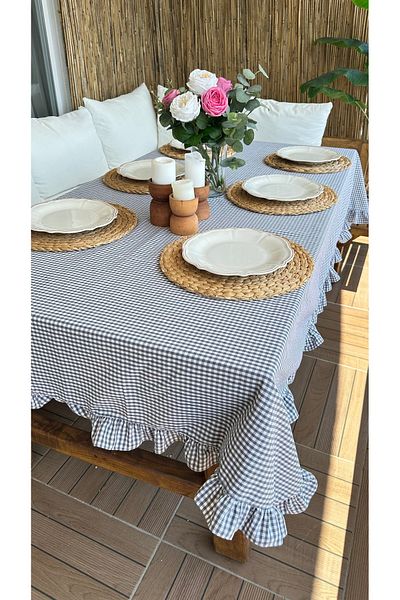 Decamor home Linen Stain Resistant Gray Gingham Ruffled Table Cloth