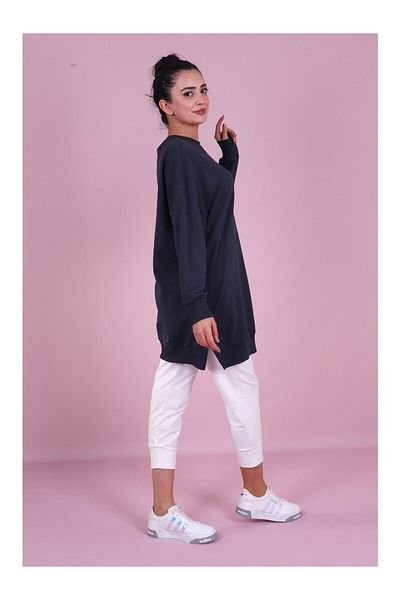 Soul Women's Two Thread Organic Cotton Crew Neck Above Knee Tunic Sweatshirt Navy 30644