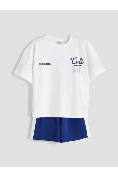 LC Waikiki Lcw kids ecru crew neck california Printed girl's t-shirt and shorts