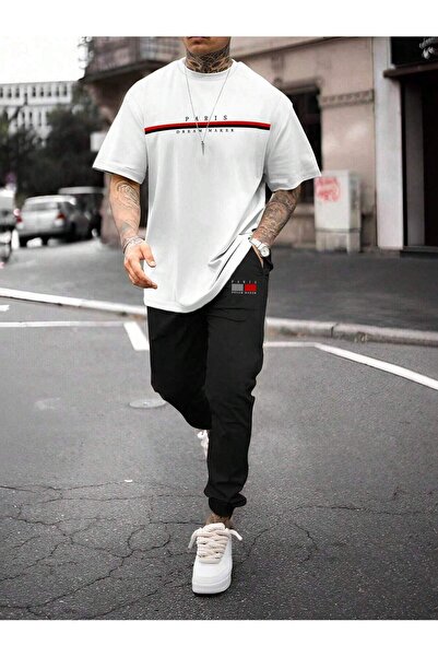 PERISENSE Tricou cu imprimeu Paris Pantaloni de sport negri Jogger - Costum d...