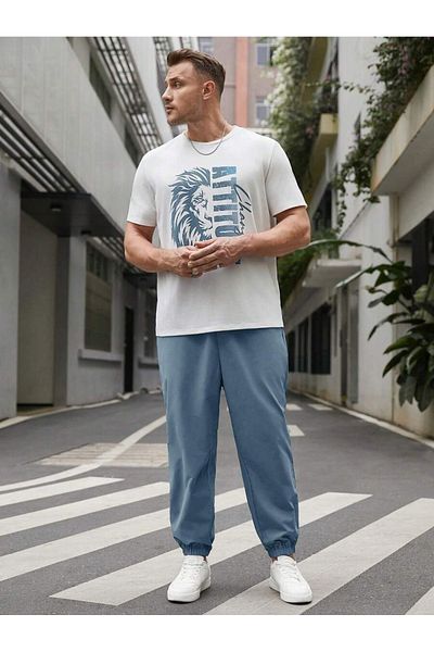 Hunors Sportswear & Company 2-Piece Lion Printed White T-Shirt Baby Blue Tracksuit - T-Shirt Bottom Top Set Printed Crew Neck