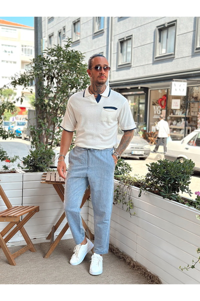 manch collection Μονή τσέπη Oversize Διπλό Χρώμα Πλεκτό Κρέμα γιακά Polo