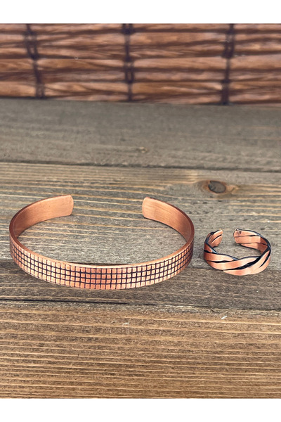 Rupen Kraft حجم قابل للتعديل طقم خاتم سوار من النحاس النقي طقم خاتم من النحاس