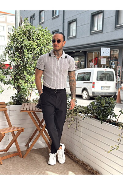 manch collection Collar Zipper Striped Perforated Knitwear Polo Collar Gray