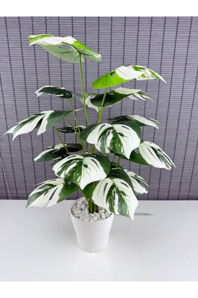 Bahçem Yapay Yapraklı Çiçek Monstera Yeşil Beyaz Deve Tabanı Salon Çiçeği Pla...