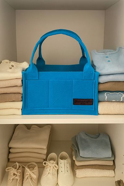 YUNUSOĞLU HOME Blue Felt Mother Baby Care Bag Cream Organizer for Newborn