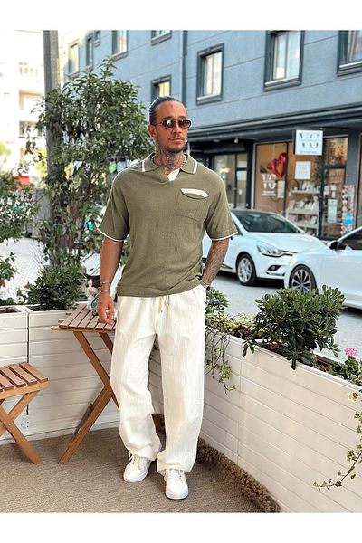 manch collection Single Pocket Oversize Double Color Knitwear Polo Neck Green
