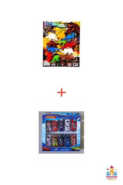 PapatyamPartiEvi 12'li Küçük Oyuncak Dinazor ve 10'lu Metal Küçük Araba Seti