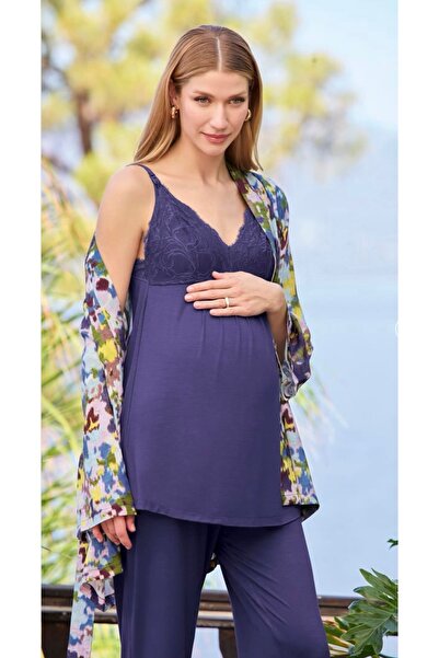 NightLove Monamise Desenli Dantelli Hamile 3'lü Pijama Takımı 25054