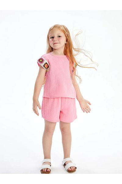 LC Waikiki Lcw Kids Pink Embroidery Girl Blouse and Shorts 2Pcs Set