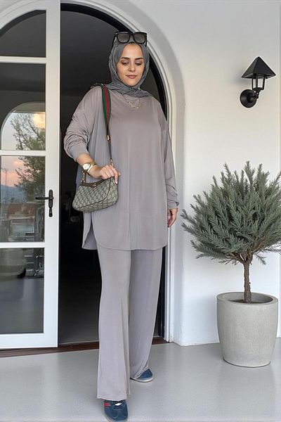 Aselim Hijap Moda Velura Flexible and Soft Textured Double Set |   Seasonal -36-48 Size Mink