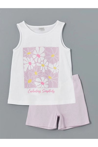 LC Waikiki Lcw Eco White Bicycle Collar Floral Girl's Undershirt and Shorts