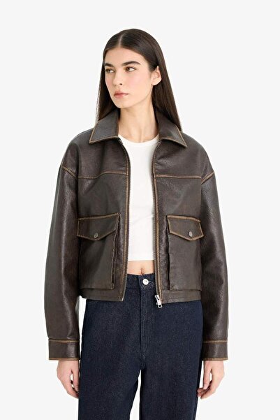 DeFacto Relax Fit Polo Collar Taffeta Faux Leather Coat E8538Ax25Au