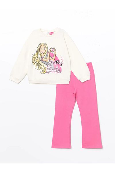 LC Waikiki Lcw Kids Ecru Barbie Printed Girl's Sweatshirt and Leggings Pants 2'Li