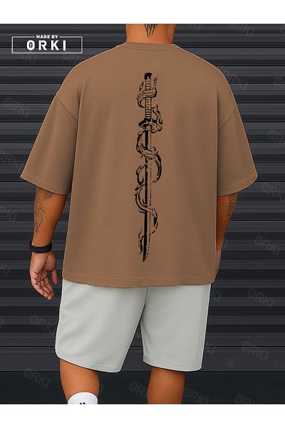 EFFRENATU Orki Tigerblade – Tiger & Sword Printed Oversize Men's Light Brown T-Shirt and White Shorts Set