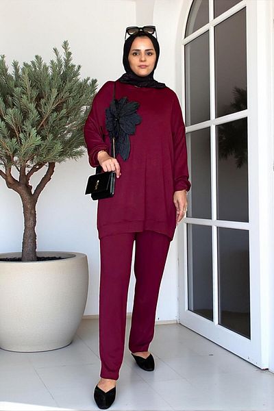 Aselim Hijap Moda Cotton Fabric Flower Detailed Double Suit |   Pants & Tunic with Pockets Burgundy